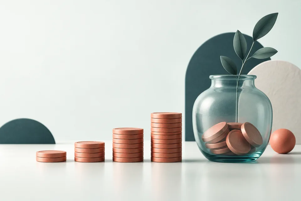 Ilustración de monedas ordenadas y un recipiente translúcido como símbolo de ahorro planificado.